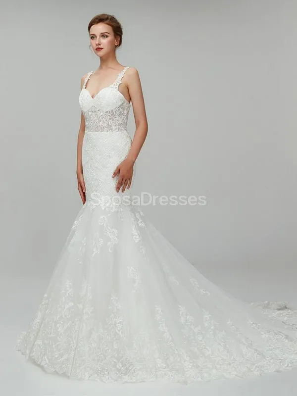 See Through Straps Lace Mermaid Cheap Wedding Dresses Online, Unique Bridal Dresses, WD558