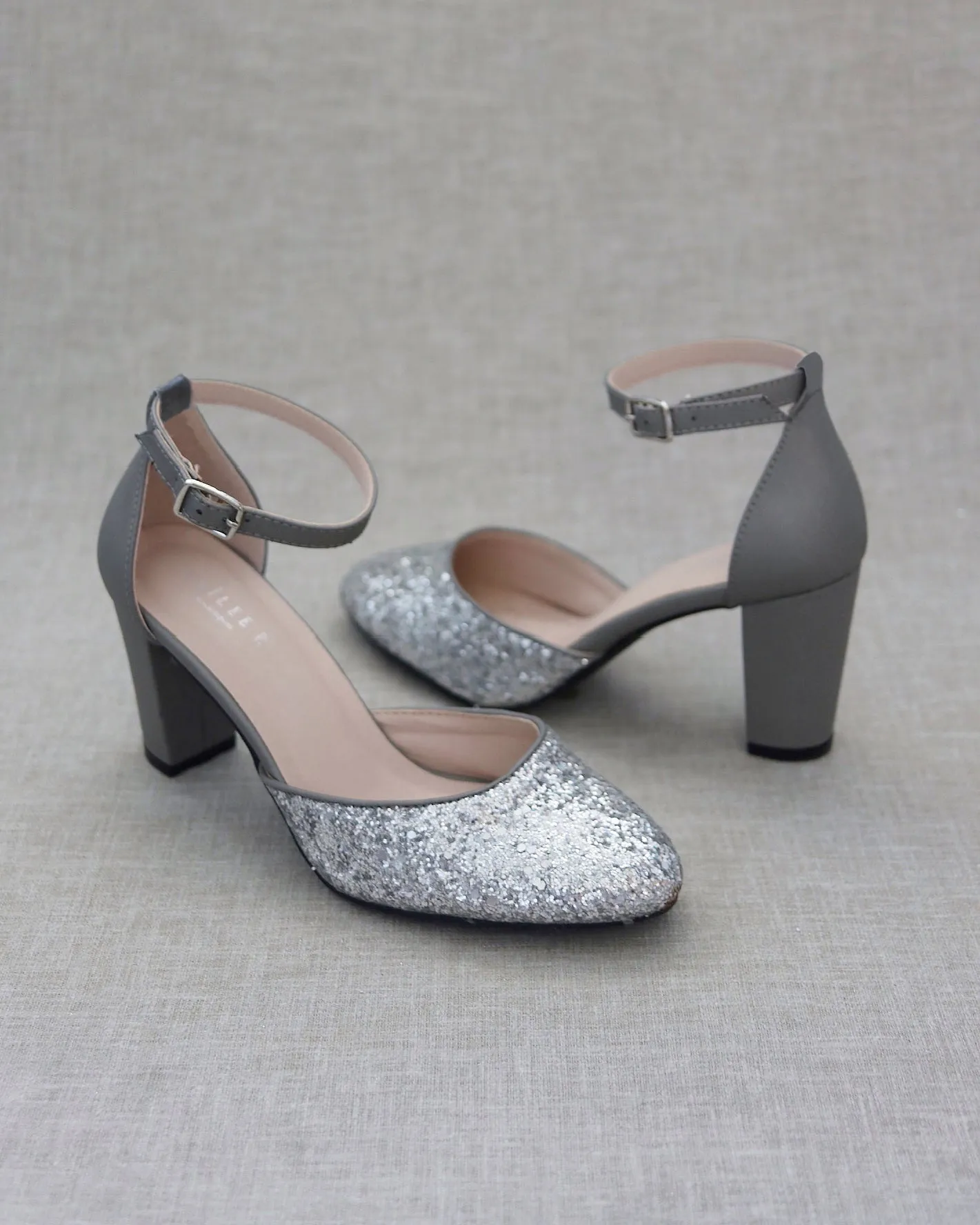 Silver Rock Glitter Block Heel with Ankle Strap