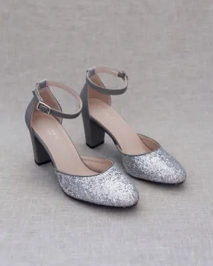 Silver Rock Glitter Block Heel with Ankle Strap