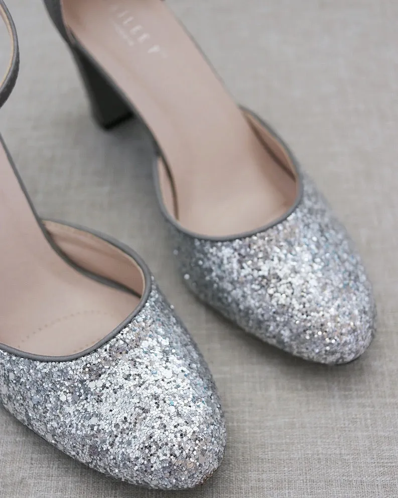 Silver Rock Glitter Block Heel with Ankle Strap