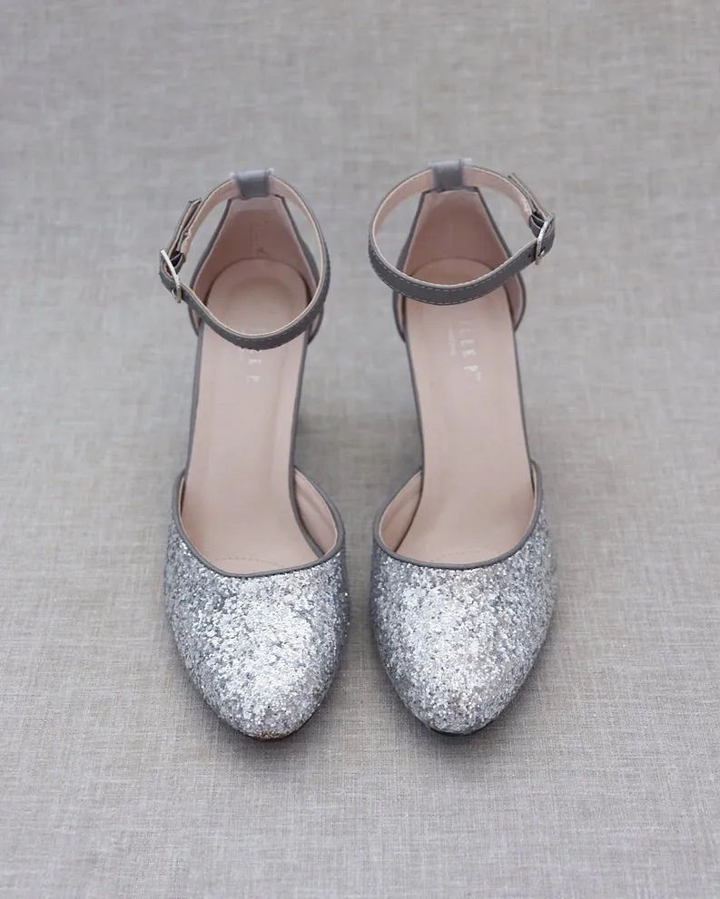 Silver Rock Glitter Block Heel with Ankle Strap