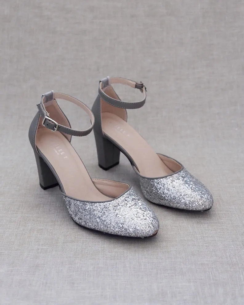 Silver Rock Glitter Block Heel with Ankle Strap