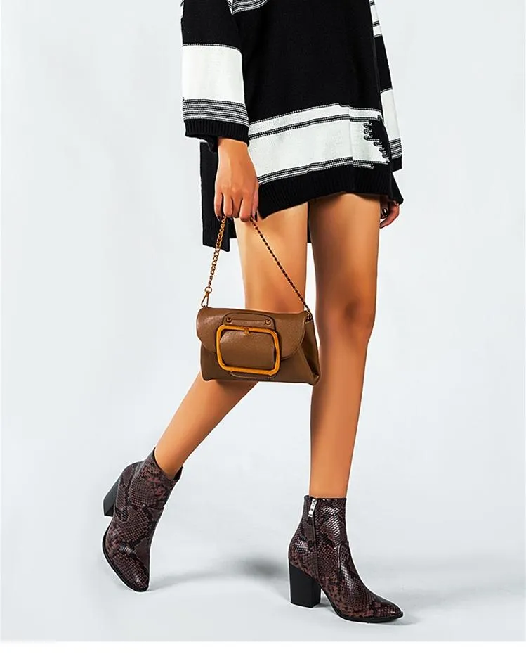 Snakeskin Pattern Pointed Boots - Brown