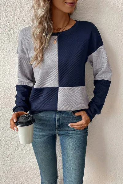 Textured Color Block Round Neck Sweatshirt (4 Colors)
