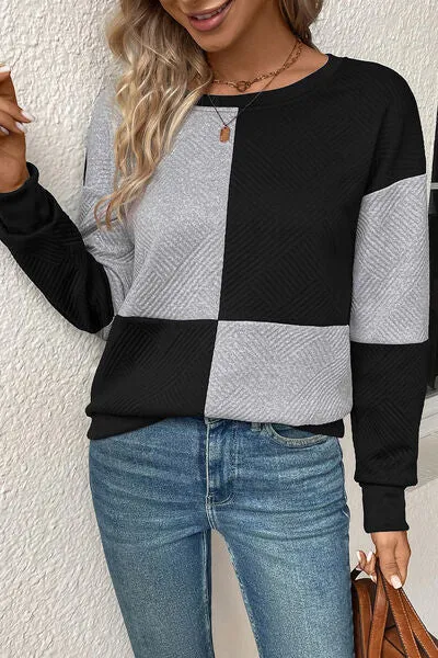 Textured Color Block Round Neck Sweatshirt (4 Colors)