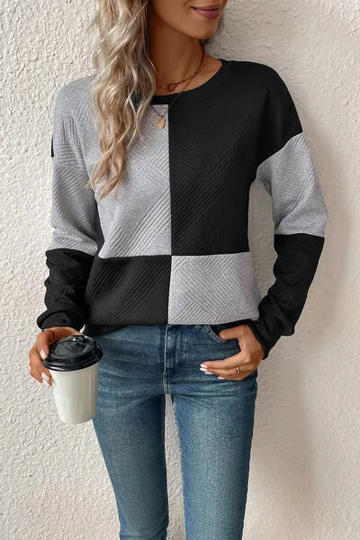Textured Color Block Round Neck Sweatshirt (4 Colors)