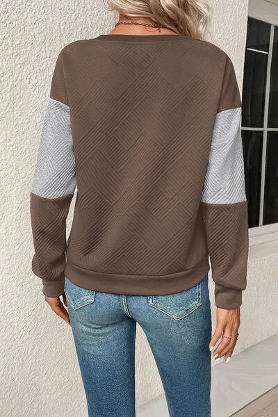 Textured Color Block Round Neck Sweatshirt (4 Colors)