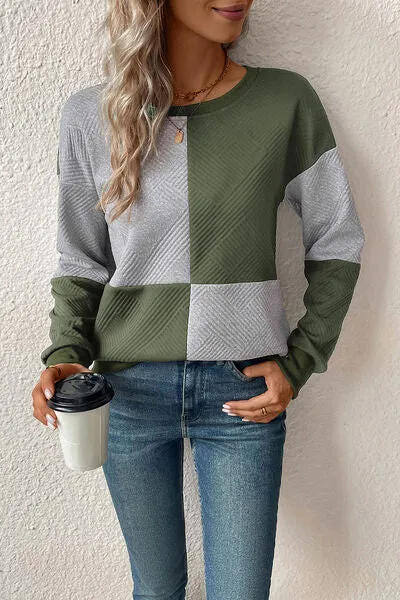 Textured Color Block Round Neck Sweatshirt (4 Colors)