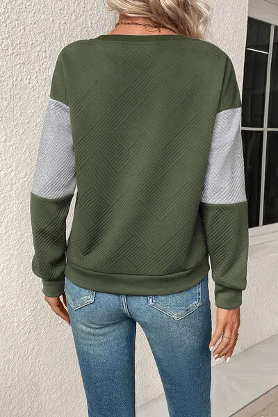 Textured Color Block Round Neck Sweatshirt (4 Colors)