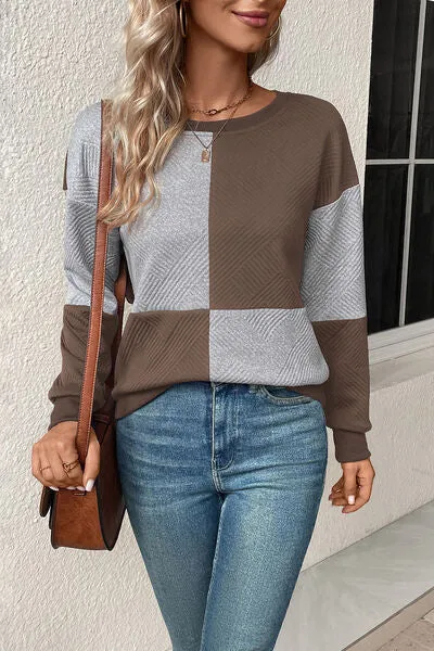 Textured Color Block Round Neck Sweatshirt (4 Colors)