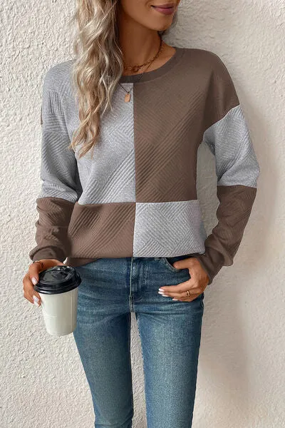 Textured Color Block Round Neck Sweatshirt (4 Colors)