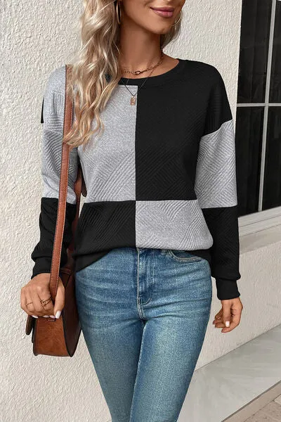 Textured Color Block Round Neck Sweatshirt (4 Colors)