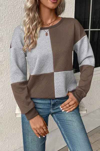 Textured Color Block Round Neck Sweatshirt (4 Colors)