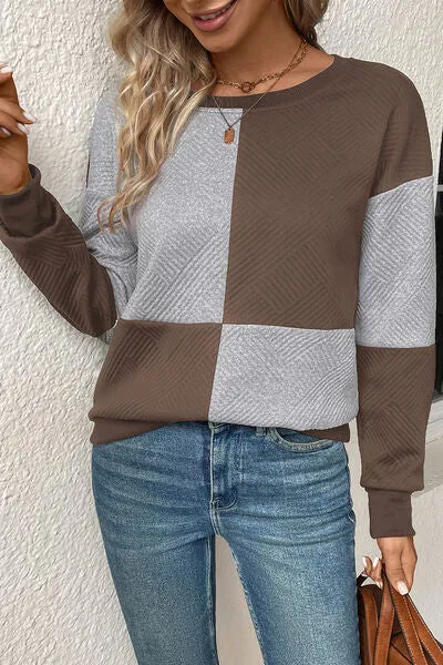 Textured Color Block Round Neck Sweatshirt (4 Colors)