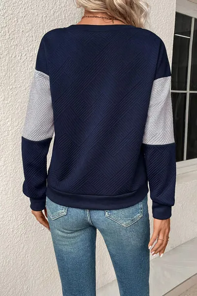 Textured Color Block Round Neck Sweatshirt (4 Colors)