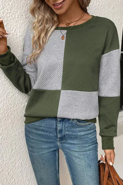 Textured Color Block Round Neck Sweatshirt (4 Colors)