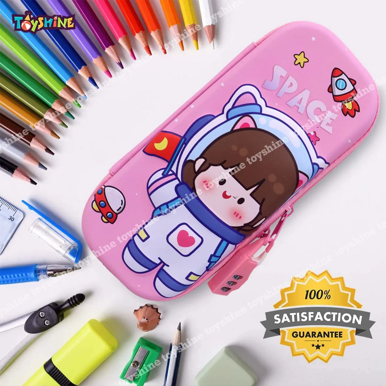 Toyshine Baby Astronaut Compact Hardtop Pencil Case with Multiple Compartments - Kids School Supply Organizer Students Stationery Box - Girls Boys Pen Pouch- Pink