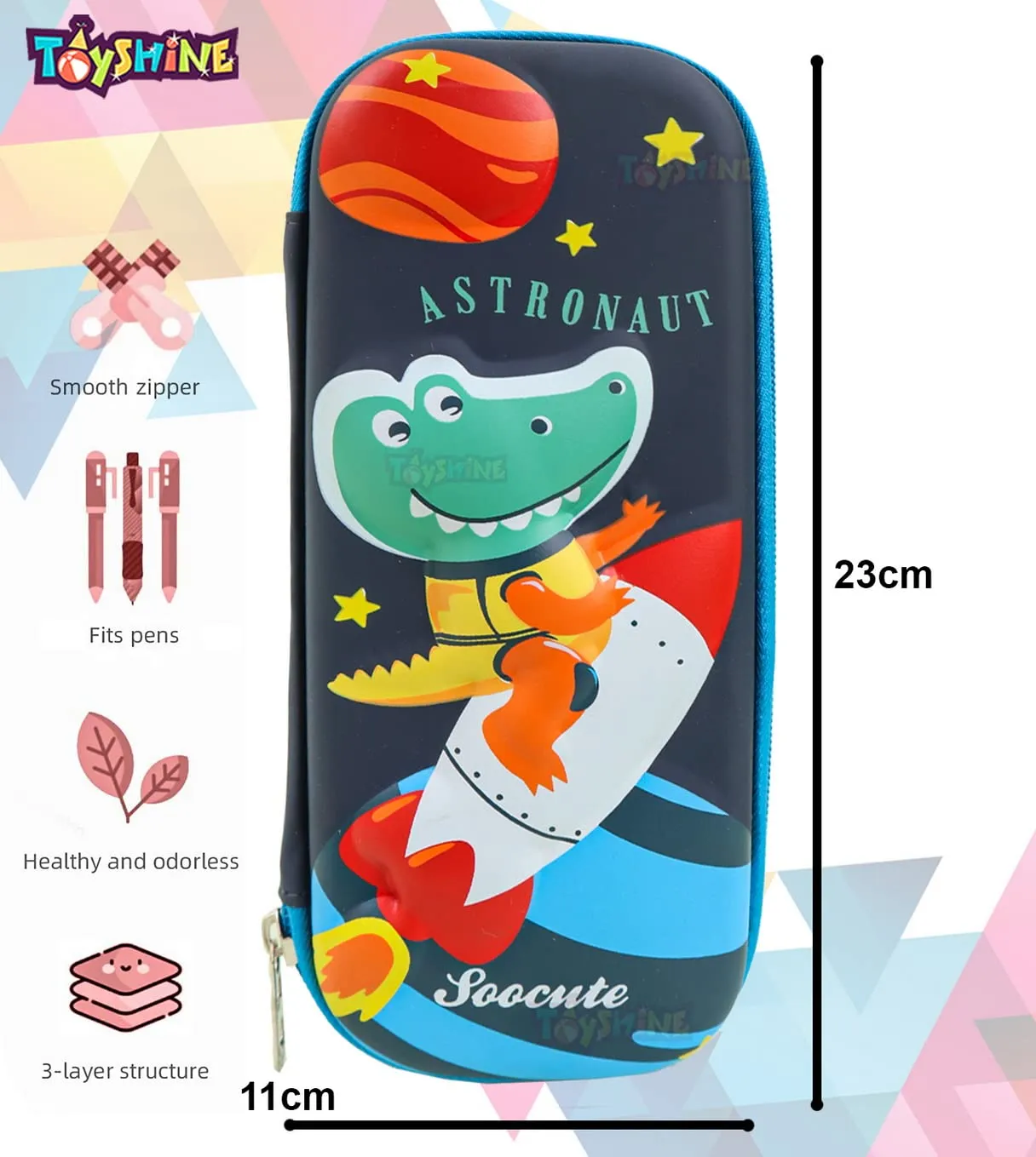 Toyshine Black Rocket Crocodile Compact Hardtop Pencil Case with Multiple Compartments - Kids School Supply Organizer Students Stationery Box - Girls Pen Pouch- Black