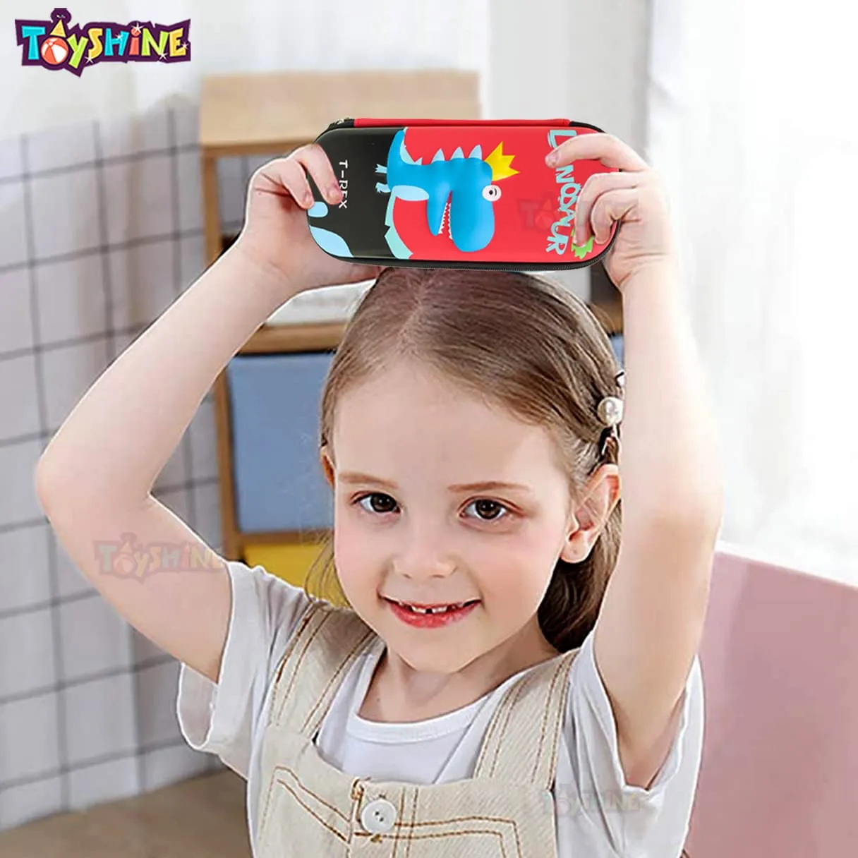 Toyshine Compact Red Dino Hardtop Pencil Case with Multiple Compartments - Kids School Supply Organizer Students Stationery Box - Girls Pen Pouch