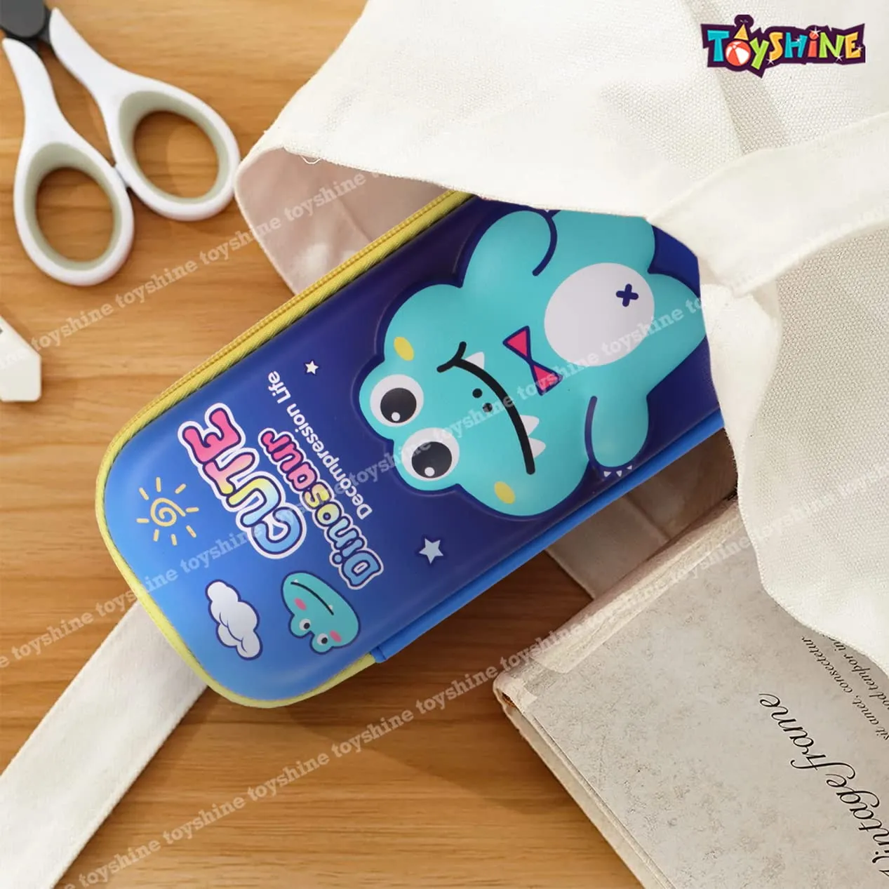 Toyshine Cute Dino Hardtop Pencil Case with Multiple Compartments - Kids School Supply Organizer Students Stationery Box - Girls Pen Pouch- Blue