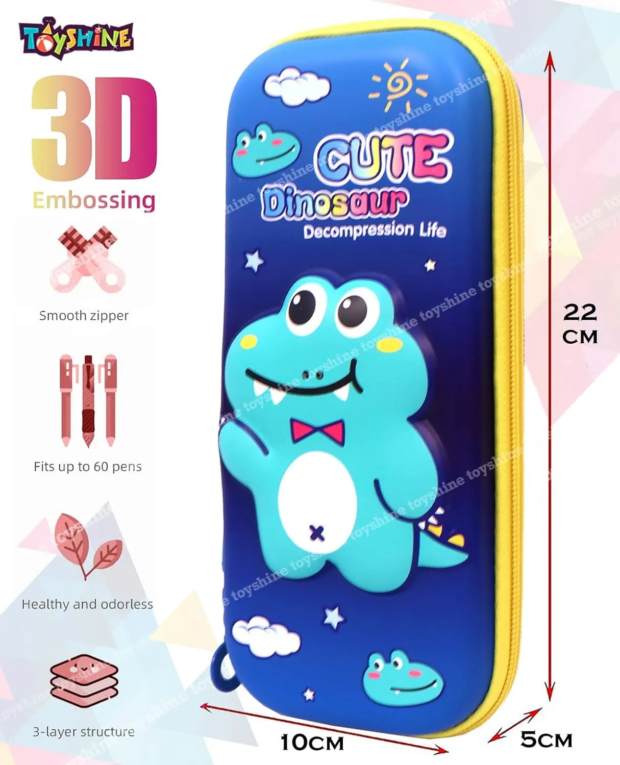 Toyshine Cute Dino Hardtop Pencil Case with Multiple Compartments - Kids School Supply Organizer Students Stationery Box - Girls Pen Pouch- Blue