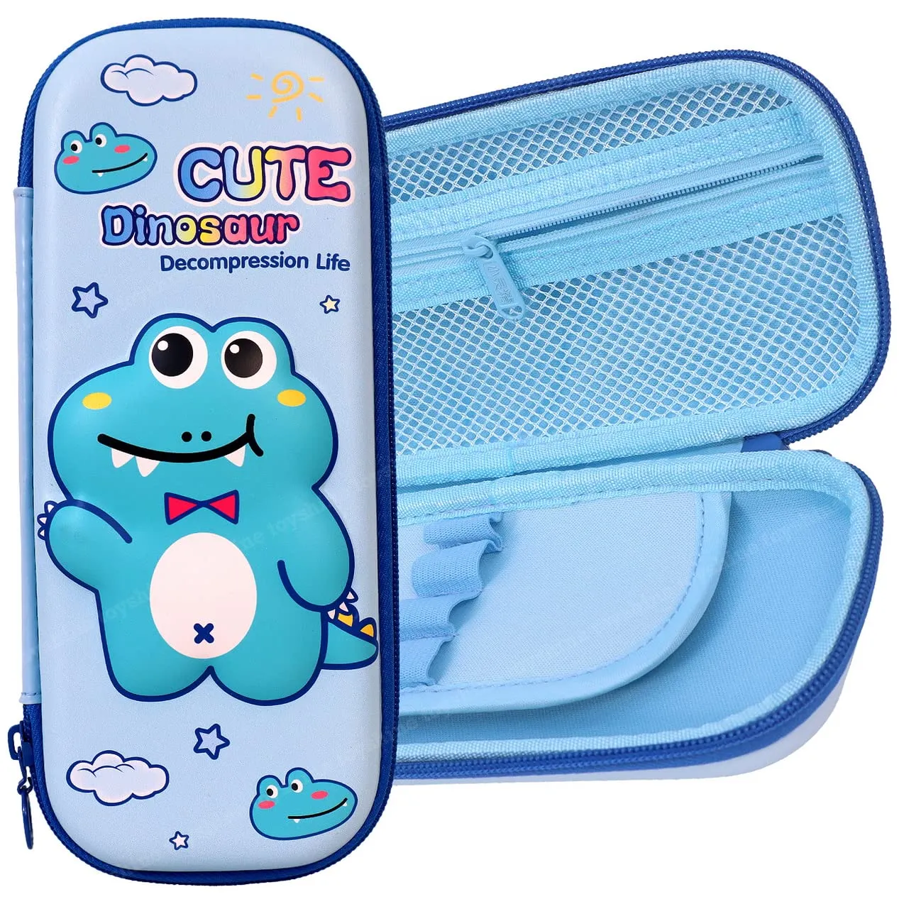 Toyshine Dino Hardtop Pencil Case with Multiple Compartments - Kids School Supply Organizer Students Stationery Box - Girls Pen Pouch- Light Blue