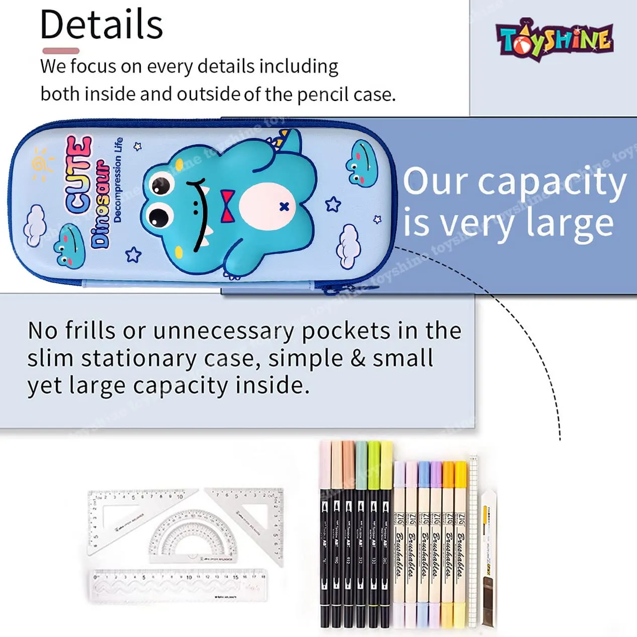 Toyshine Dino Hardtop Pencil Case with Multiple Compartments - Kids School Supply Organizer Students Stationery Box - Girls Pen Pouch- Light Blue