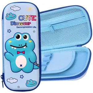 Toyshine Dino Hardtop Pencil Case with Multiple Compartments - Kids School Supply Organizer Students Stationery Box - Girls Pen Pouch- Light Blue