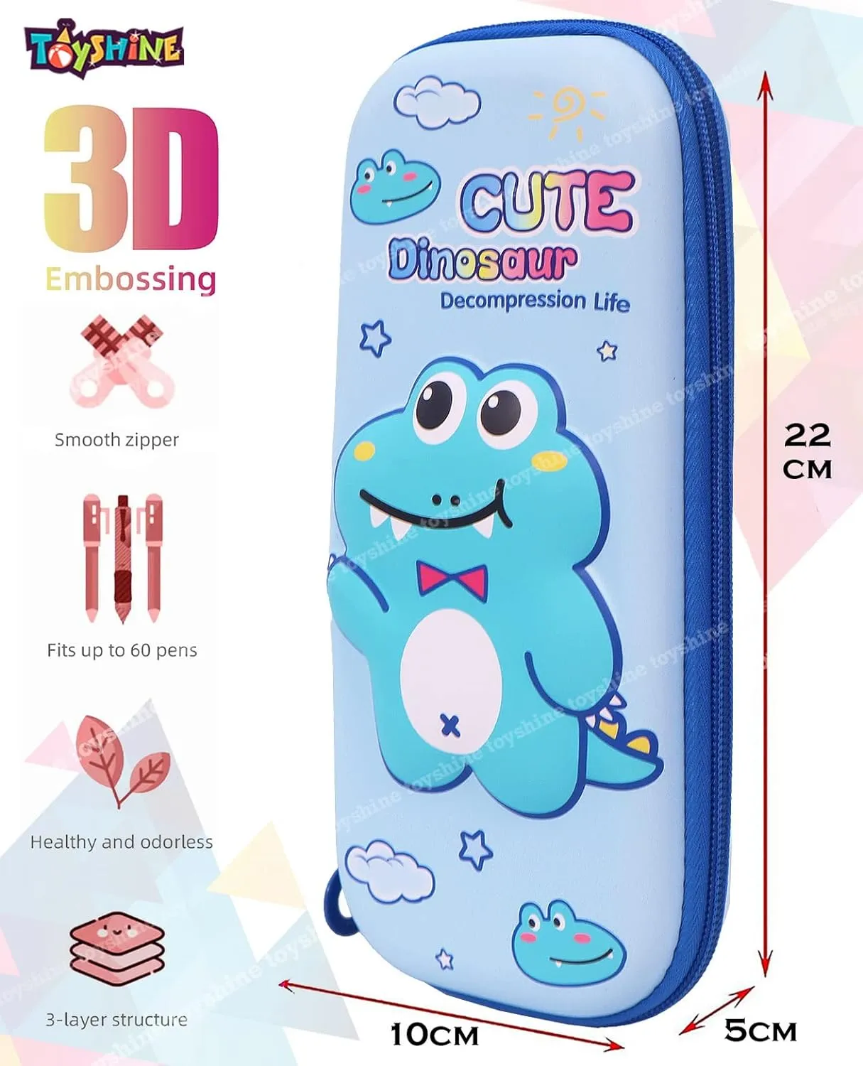Toyshine Dino Hardtop Pencil Case with Multiple Compartments - Kids School Supply Organizer Students Stationery Box - Girls Pen Pouch- Light Blue