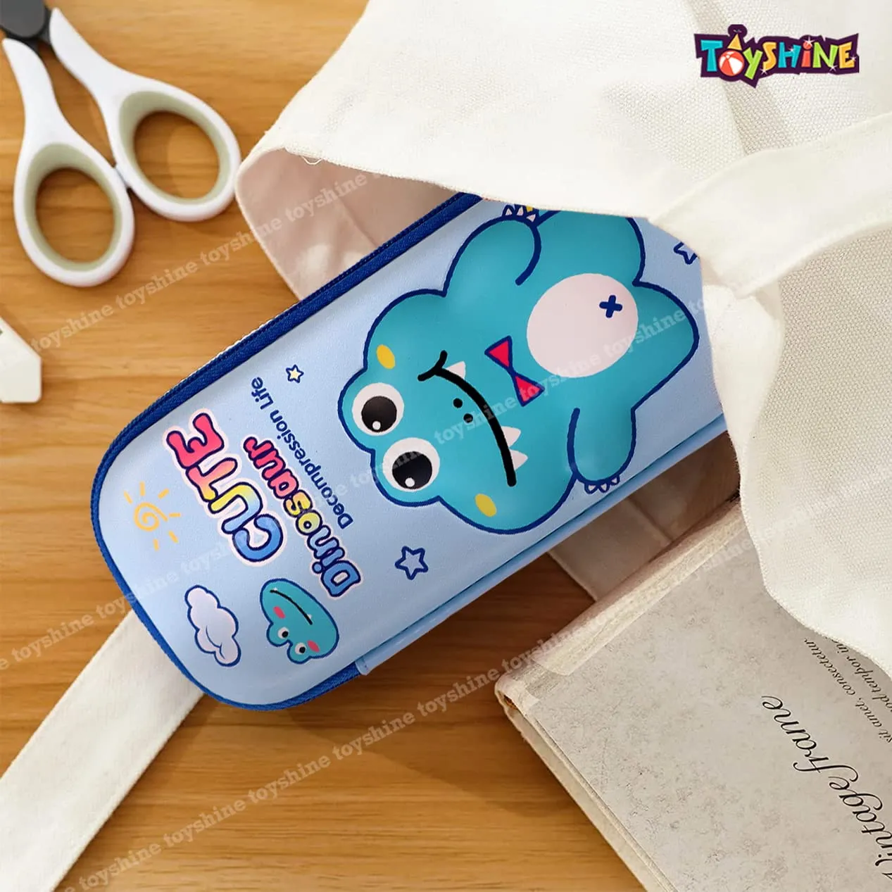 Toyshine Dino Hardtop Pencil Case with Multiple Compartments - Kids School Supply Organizer Students Stationery Box - Girls Pen Pouch- Light Blue