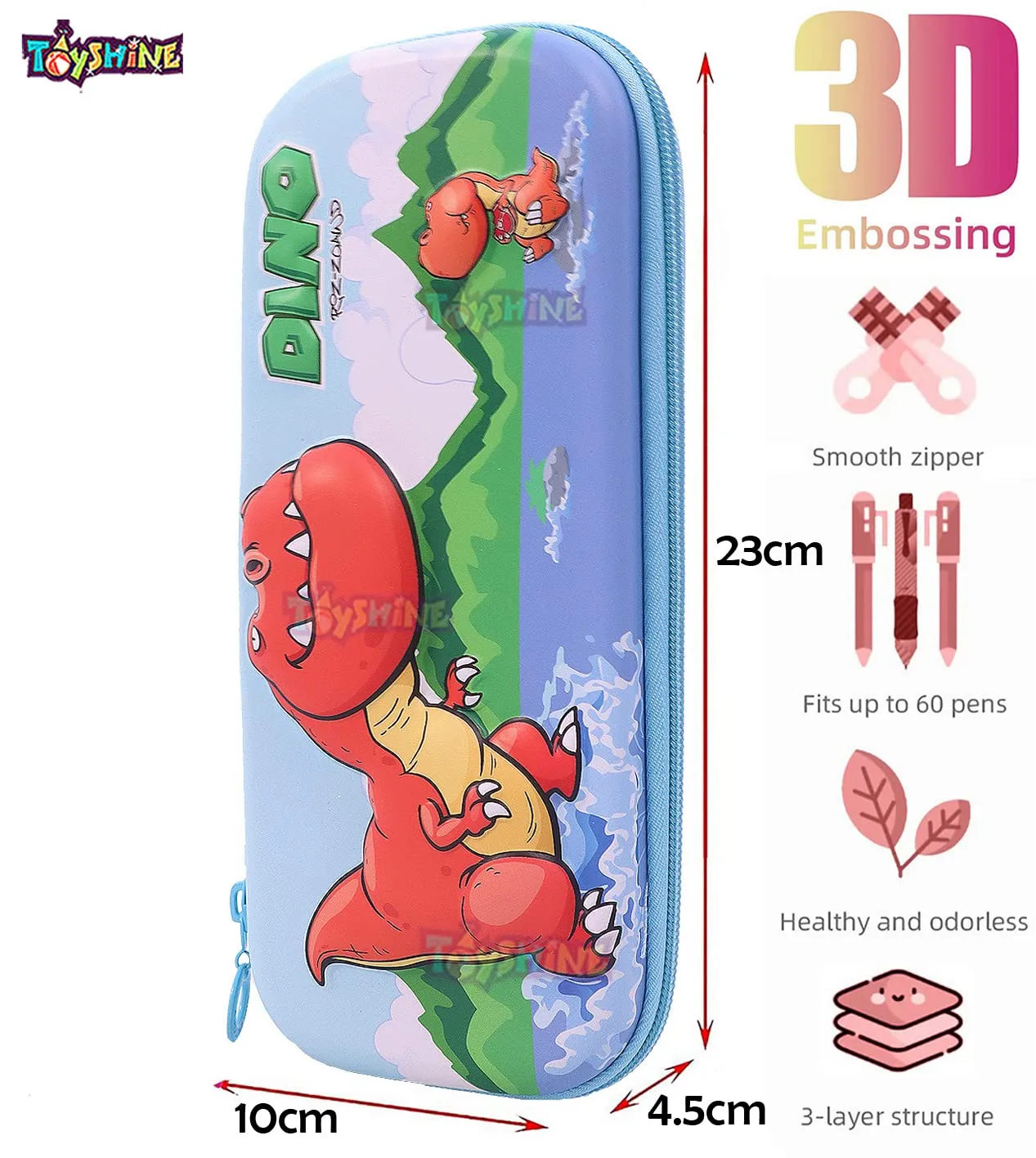 Toyshine Hardtop Pencil Case with Multiple Compartments - Kids School Supply Organizer Students Stationery Box - Girls Pen Pouch- Dino Light Blue