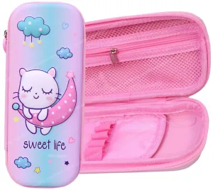 Toyshine Moon Kitty Hardtop Pencil Case with Multiple Compartments - Kids School Supply Organizer Students Stationery Box - Girls Pen Pouch- Multi-Color
