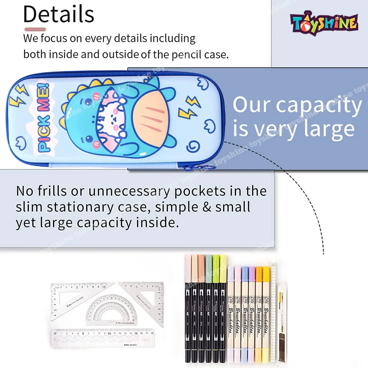 Toyshine Pick me Hardtop Pencil Case with Multiple Compartments - Kids School Supply Organizer Students Stationery Box - Girls Pen Pouch- Light Blue