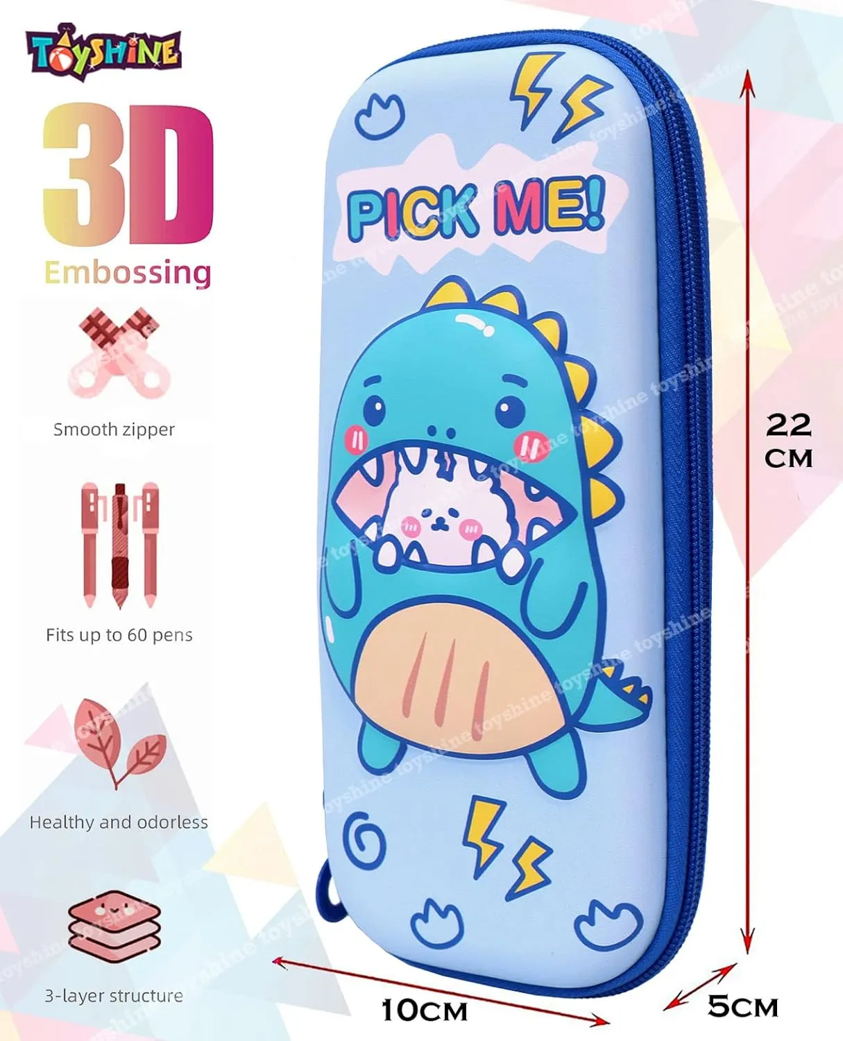 Toyshine Pick me Hardtop Pencil Case with Multiple Compartments - Kids School Supply Organizer Students Stationery Box - Girls Pen Pouch- Light Blue