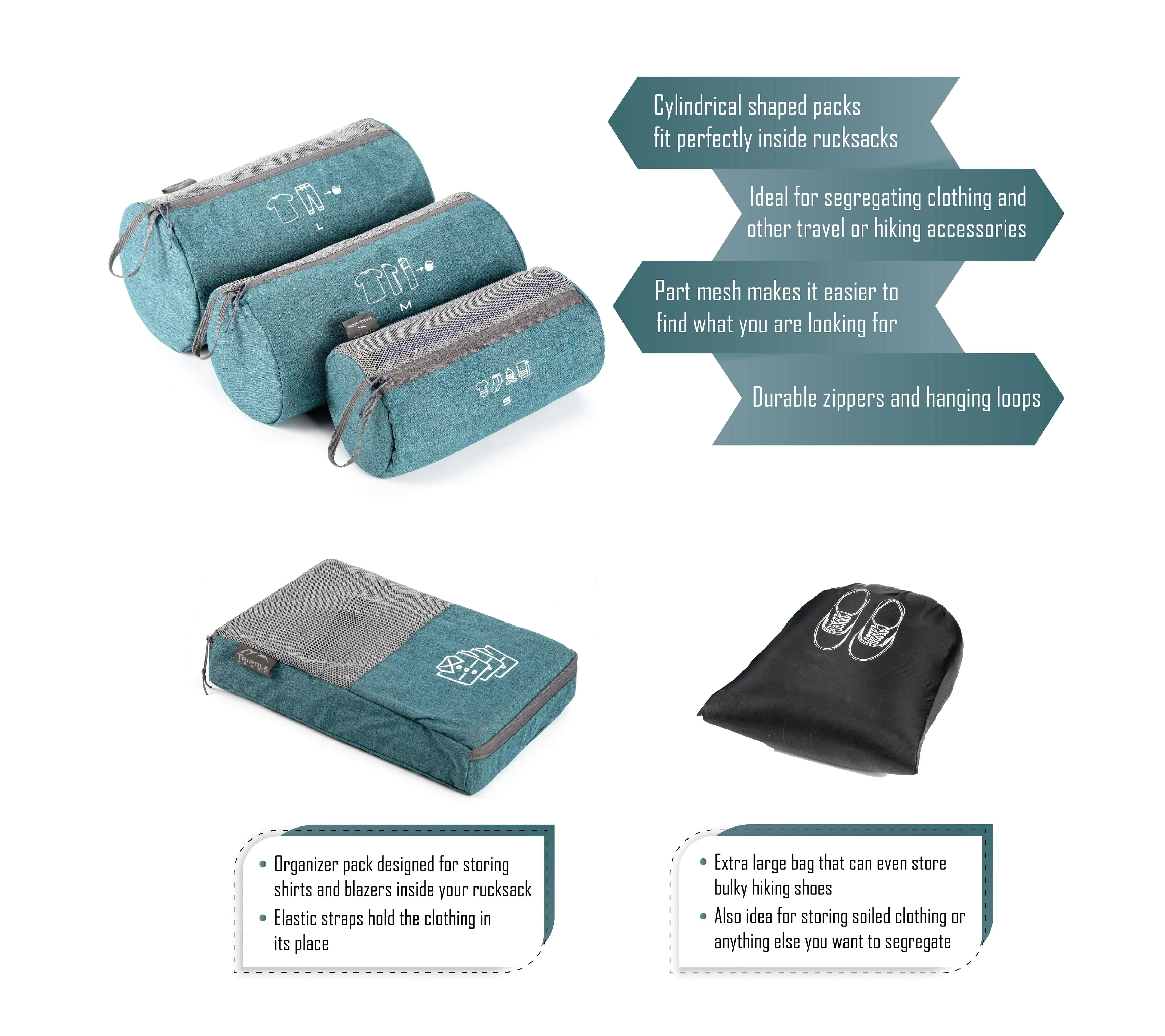Tripole Organizer Packs - Cylindrical Shaped for Rucksacks - Set of 6