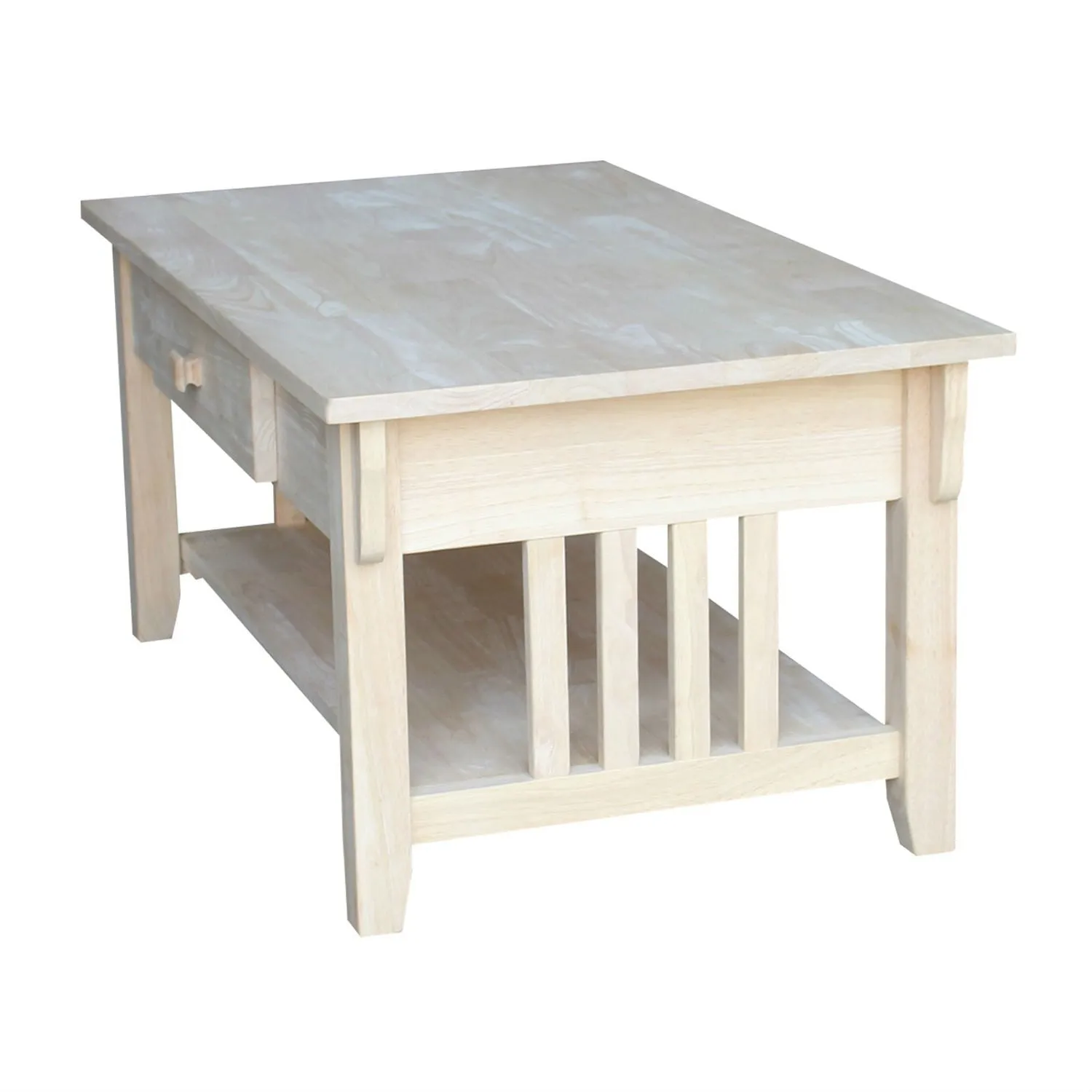Unfinished Solid Wood Coffee Table Drawer and Shelf