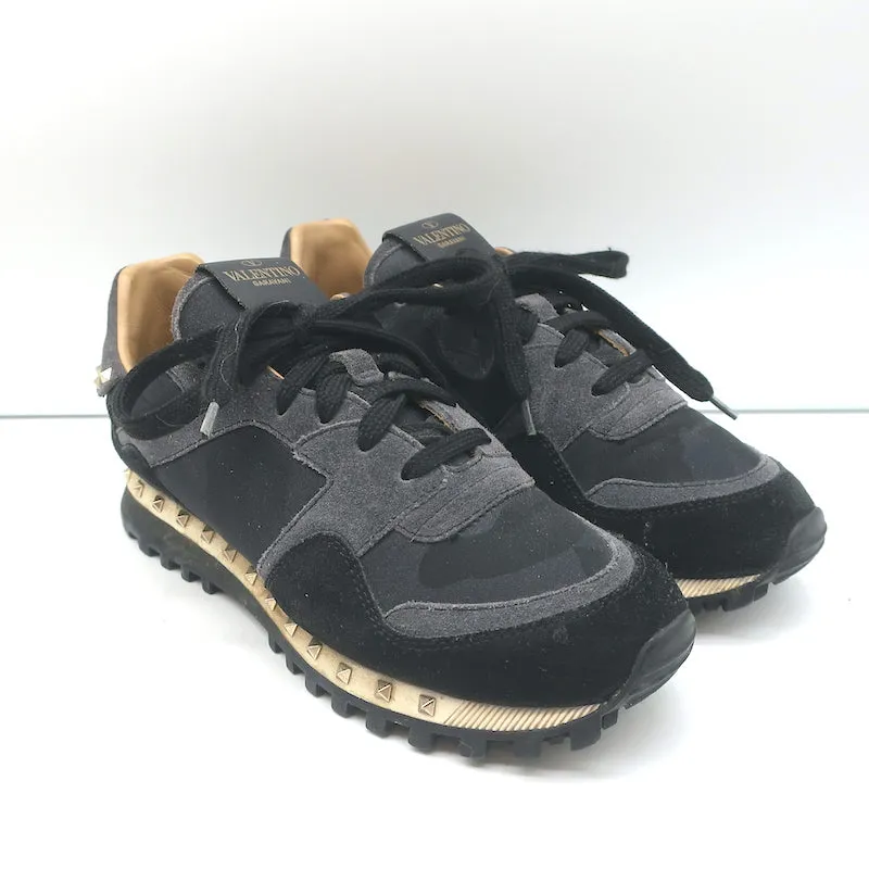 Valentino Soul Rockstud Sneakers Black Camo & Gray Suede Size 35