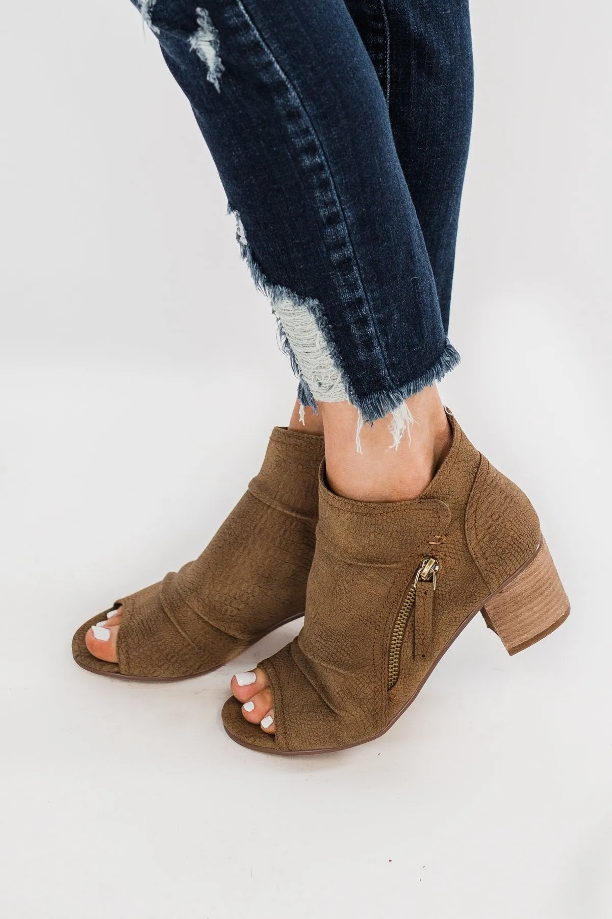 Very G Wonderlust Peep Toe Booties- Tan