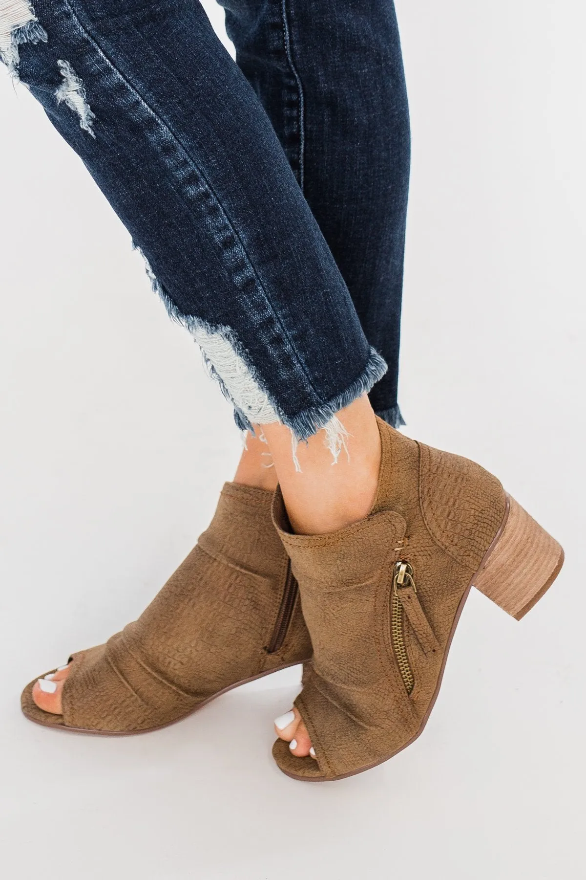 Very G Wonderlust Peep Toe Booties- Tan