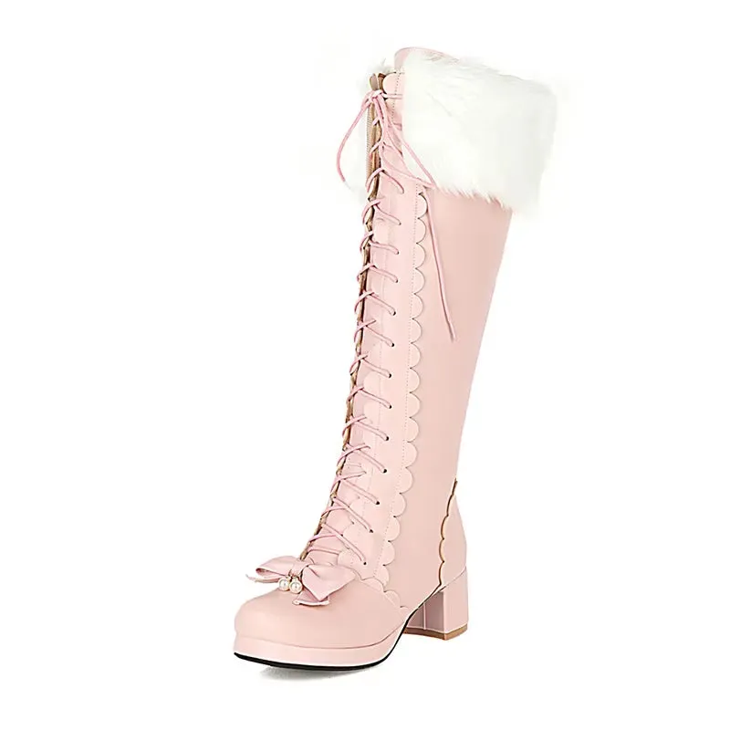 Warm Plush Winter Boots Women Knee High Long Boots Lace up Pink Gothic Lolita Shoes Female Fashion Bow Knot Big Size