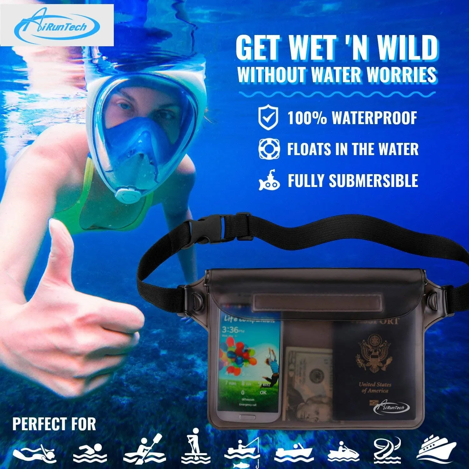 Waterproof Belt Bag,Waterproof Pouch for Phone Passport Wallet Purse with Waist Strap