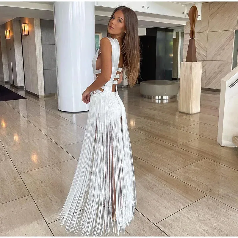 White Bandage Sexy Off Shoulder Sleeveless Backless Maxi Dress