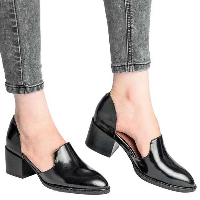 Women Leather Pumps 2020 Spring Summer Ladies Chunky Block Heel Shoes Slip On Pointed Toe Casual Female Shoes High Heels Pumps