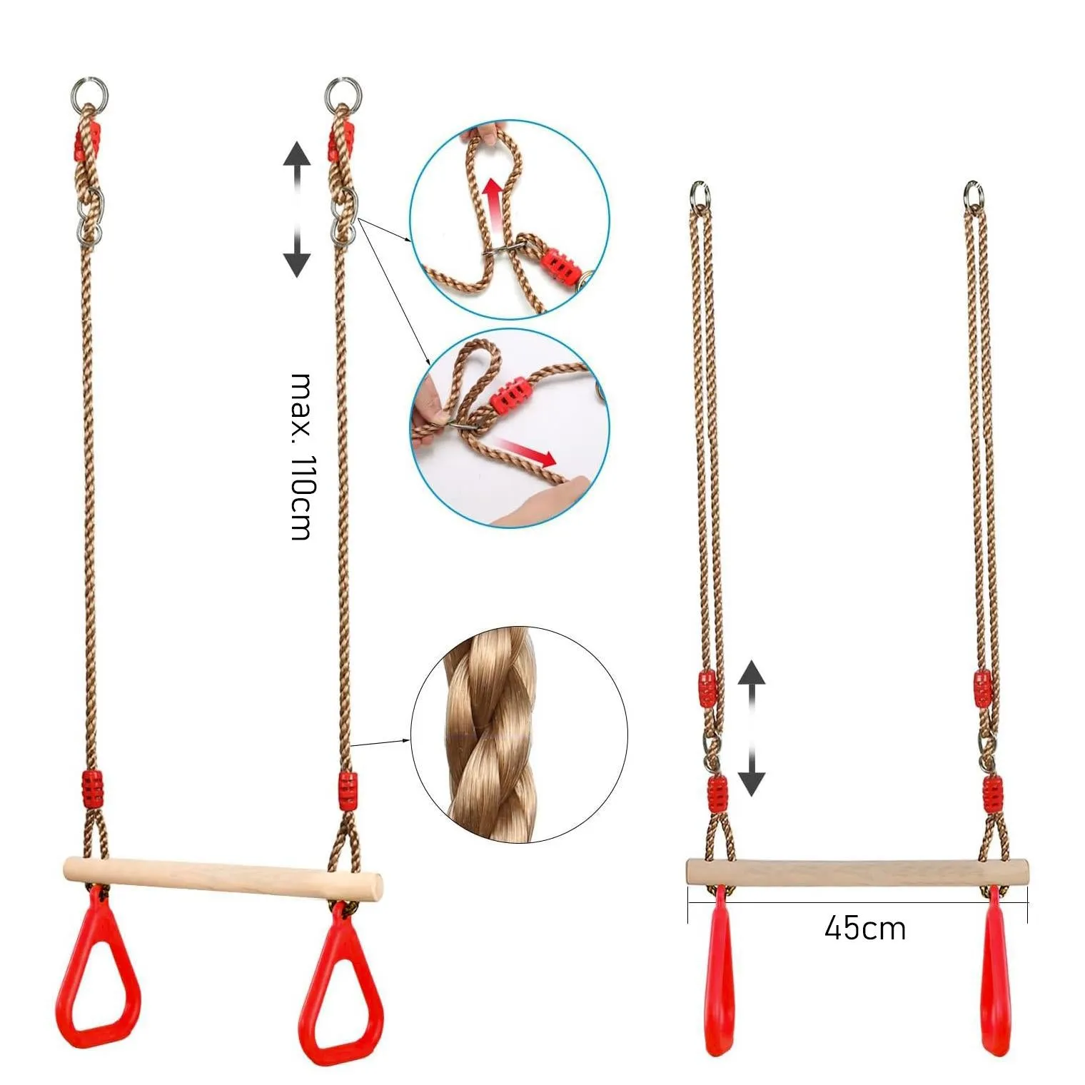 Wooden Trapeze Swing, Rope Ladder & Red Plate Seat