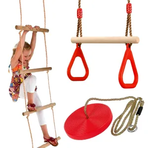 Wooden Trapeze Swing, Rope Ladder & Red Plate Seat