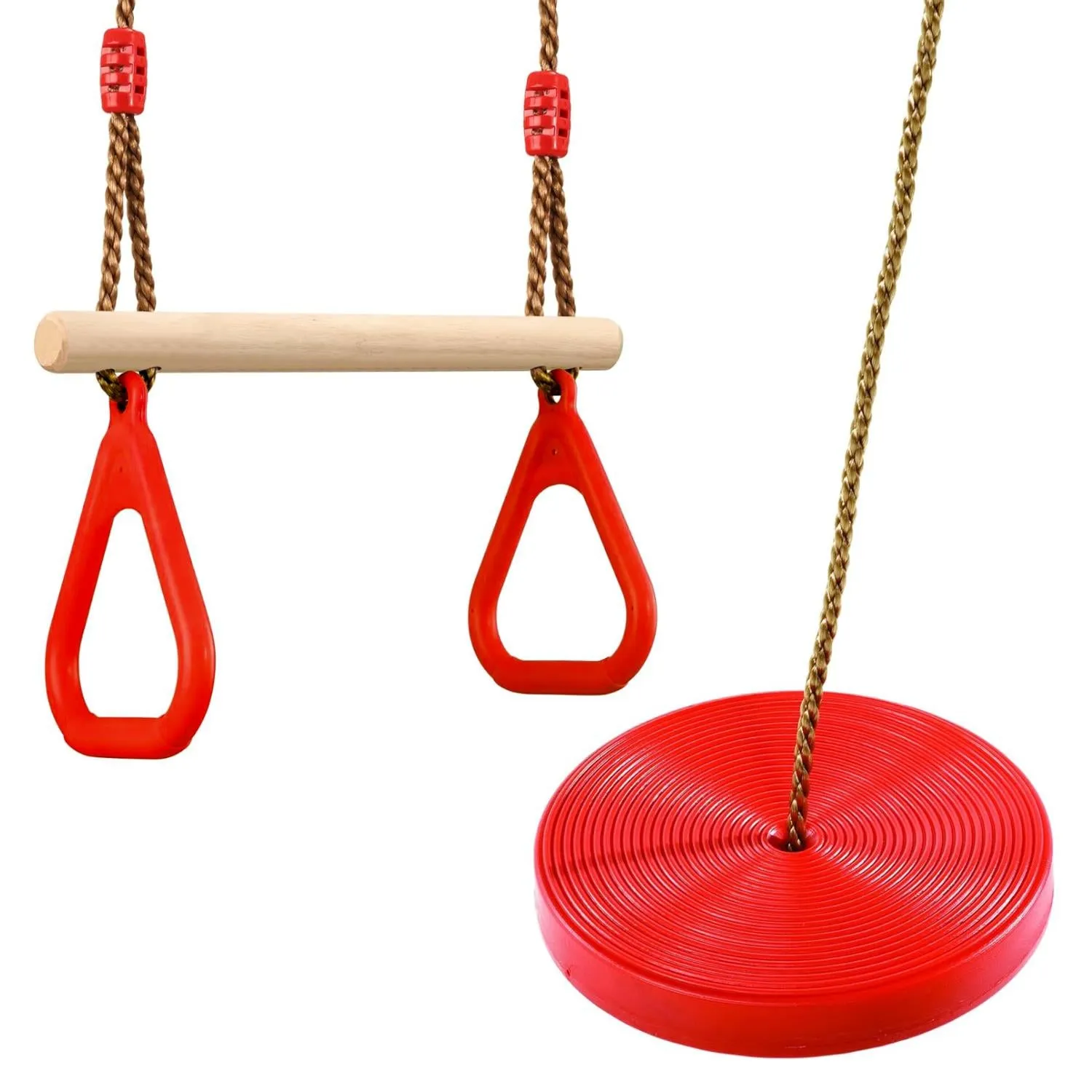 Wooden Trapeze Swing, Rope Ladder & Red Plate Seat