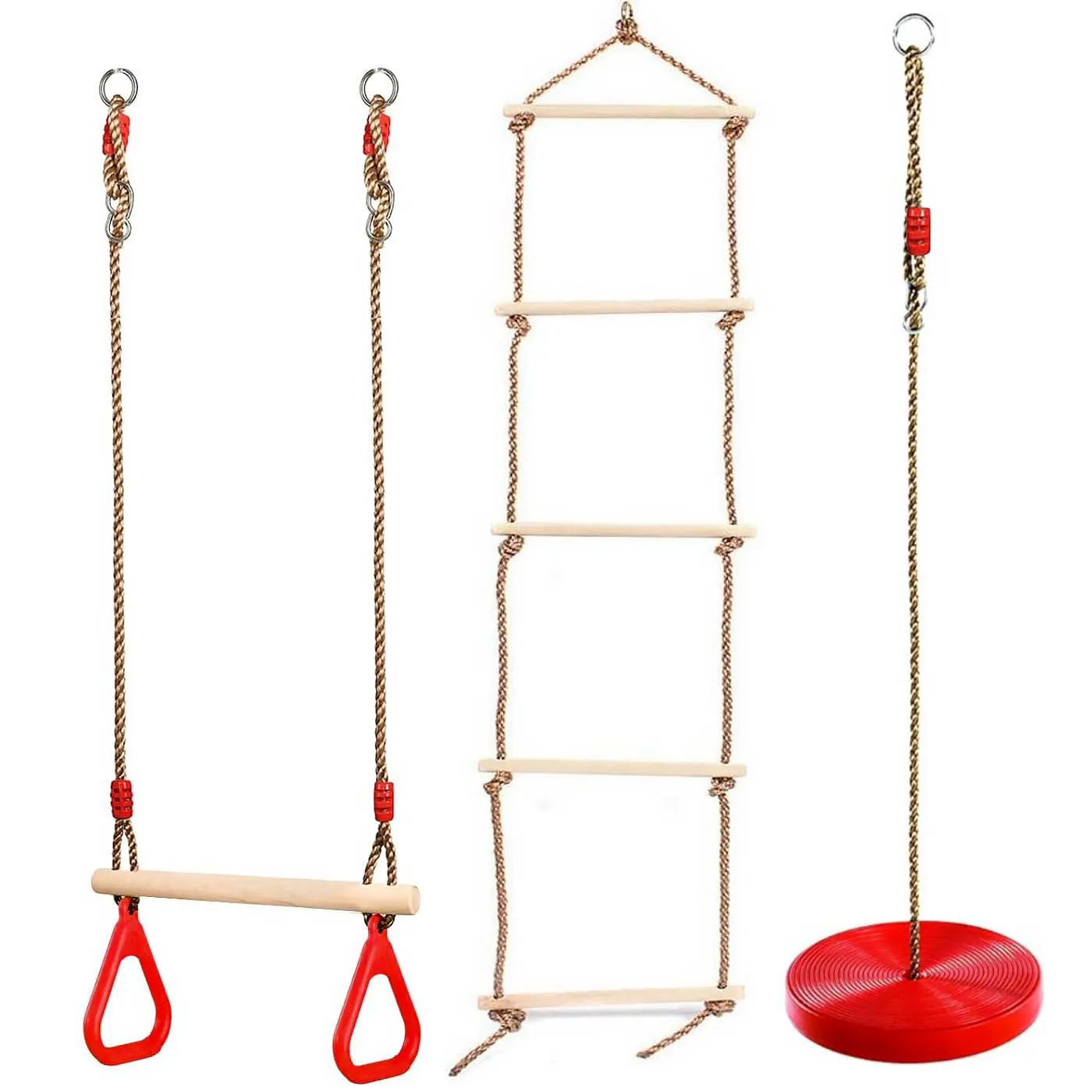 Wooden Trapeze Swing, Rope Ladder & Red Plate Seat
