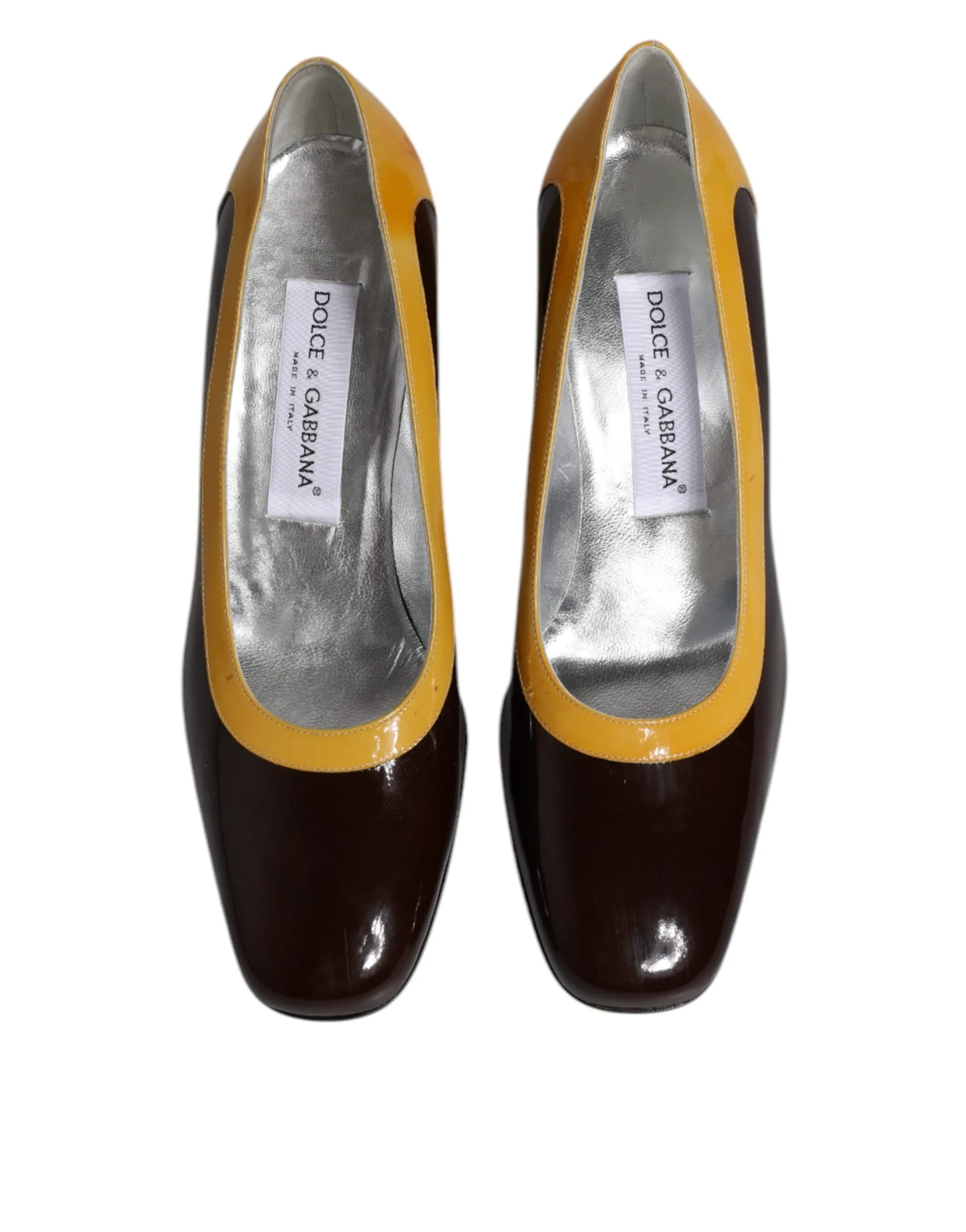 Yellow Brown Leather Block Heel Pumps Shoes