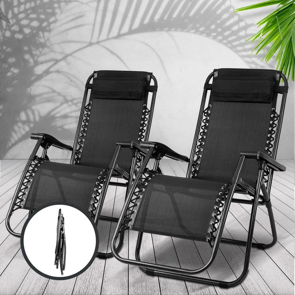 Zero Gravity Chairs Reclining Folding Camping Lounger Black x 2